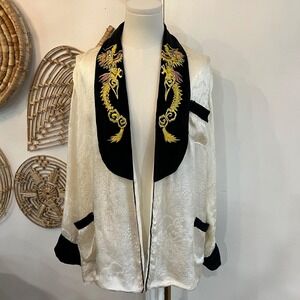 Vintage Silk Brocade Dragon Embroidered Velvet Open Front Jacket Duster Vampy M
